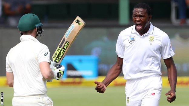 Australia captain Steve Smith is approached by South Africa bowler Kagiso Rabada after his dismissal