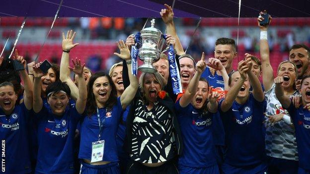 Chelsea celebrate winning the 2017-18 Women's FA Cup at Wembley