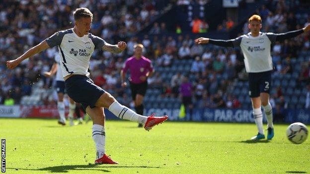 Emil Riis Jakobsen drills home Preston's second goal, his fifth of the season