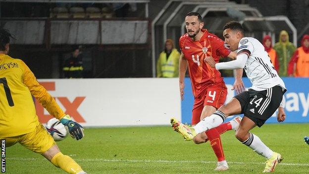 Jamal Musiala scored his first international goal for Germany in a World Cup qualifier against North Macedonia in October 2021