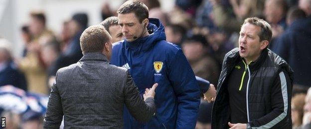 Brendan Rodgers confronts fouth official Kevin Clancy in Dingwall