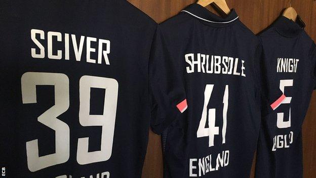 Natale Sciver, Anya Shrubsole and Heather Knight's England shirts