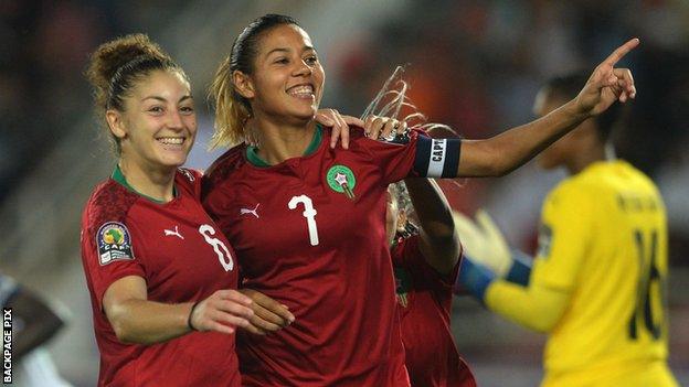 Ghizlane Chebbak (right) celebrates her goal for Morocco against Senegal