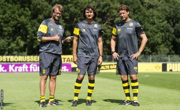 BAD RAGAZ, SWITZERLAND - JULY 31: Head coach Juergen Klopp (BVB) , assistant coach Zeljko Buvac (BVB) and assistant coach Peter Krawietz (BVB) of Borussia Dortmund during a training session in the Borussia Dortmund training camp on July 31, 2014 in Bad Ragaz, Switzerland. (Photo by Alexandre Simoes/Borussia Dortmund via Getty Images)