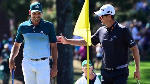 England golf player Justin Rose and Spain's Sergio Garcia in action at the 2017 Masters tournament