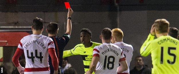 Celtic defender Dedryck Boyata is sent off by referee Craig Thomson