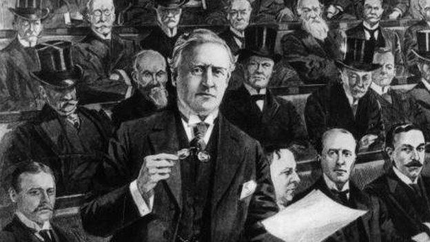 Drawing of British PM Herbert Asquith delivering a speech in the Commons in 1908