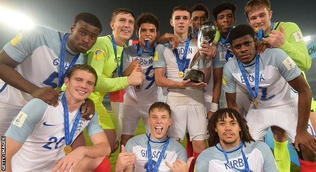 England Under-17s celebrate winning the Under-17 World Cup in India in 2017