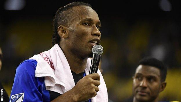 Montreal FC striker Didier Drogba speaks to the crowd