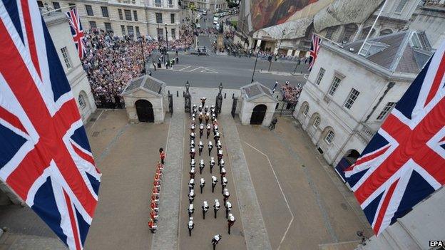 Crowds lined Whitehall and applauded veterans and servicemen as they went past.