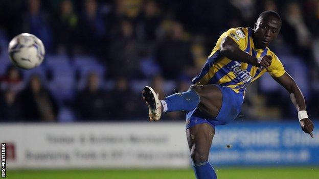 Dan Udoh was brought down by a late challenge from Accrington's Ross Sykes in the 83rd minute of Shrewsbury's goalless draw with Stanley