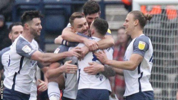 Patrick Bauer is congratulated for his goal against Birmingham City