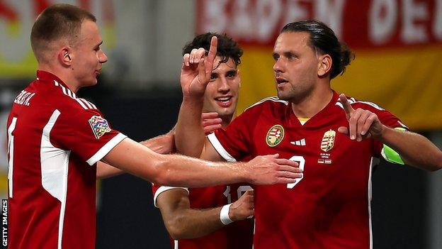 Adam Szalai celebrates scoring against Germany in the Nations League