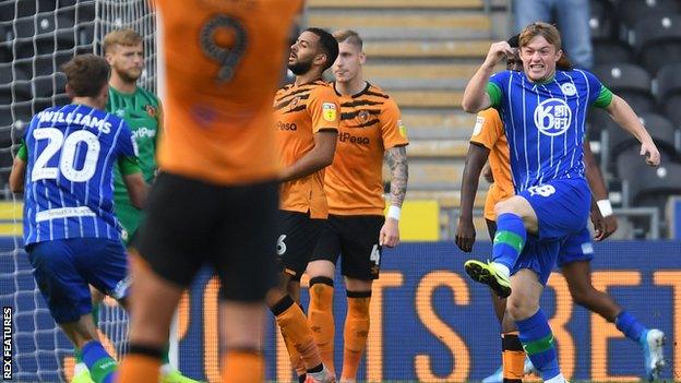 Joe Gelhardt celebrates a goal for Wigan