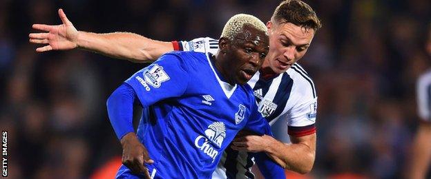 James Chester in action for West Brom against Everton's Arouna Kone