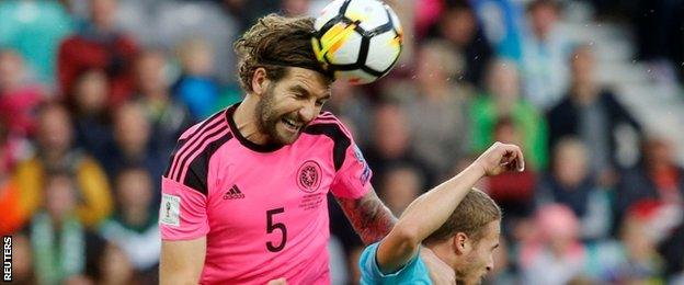 Charlie Mulgrew heads the ball for Scotland