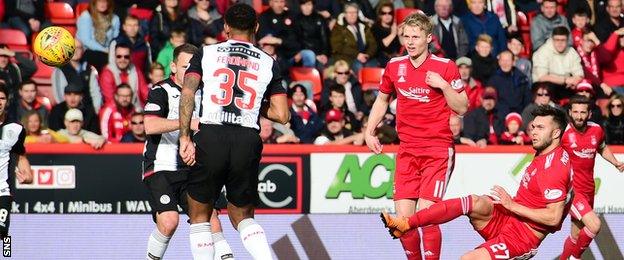 Connor McLennan (right) watches as his shot hits the net to put Aberdeen 2-0 ahead