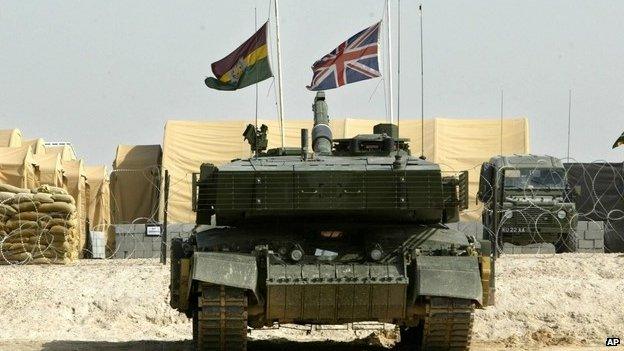 A Challenger II tank parked outside a British base in Shuaiba, near Basra, in 2005