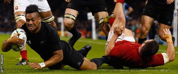 Julian Savea goes over against France