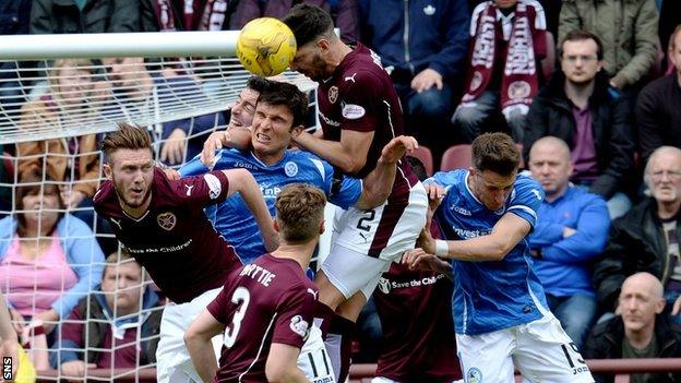 Hearts and St Johnstone players challenge for a header