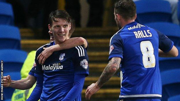 Cardiff striker Joe Mason celebrates his goal against Blackburn