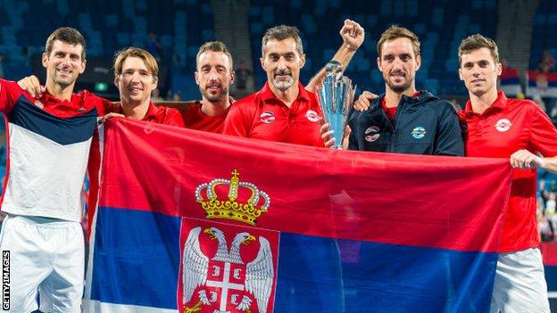 Serbia celebrate winning the ATP Cup final against Spain at Ken Rosewall Arena on 12 January, 2020 in Sydney