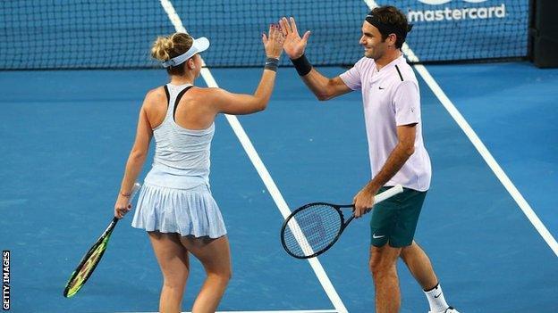 Roger Federer and Belinda Bencic celebrate