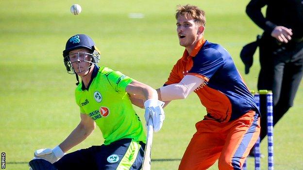 Ireland batsman Harry Tector evades the ball against Netherlands