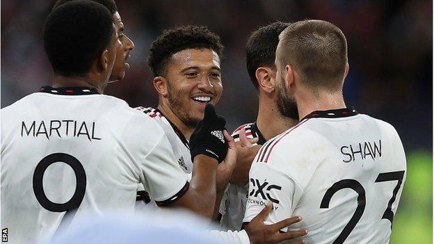 Jadon Sancho of Manchester United celebrates scoring a goal