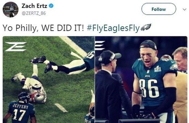 Zach Ertz tweets after winning the Super Bowl