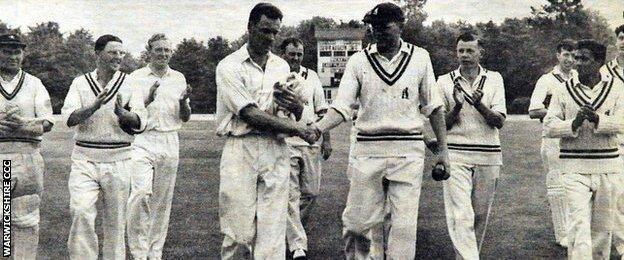 Jack Bannister is congratulated by Warwickshire captain MJK Smith after taking 10-41 against the Combined Services at the M and B ground in 1959