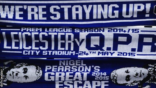 Leicester City scarves celebrating the club avoiding Premier League relegation in 2015