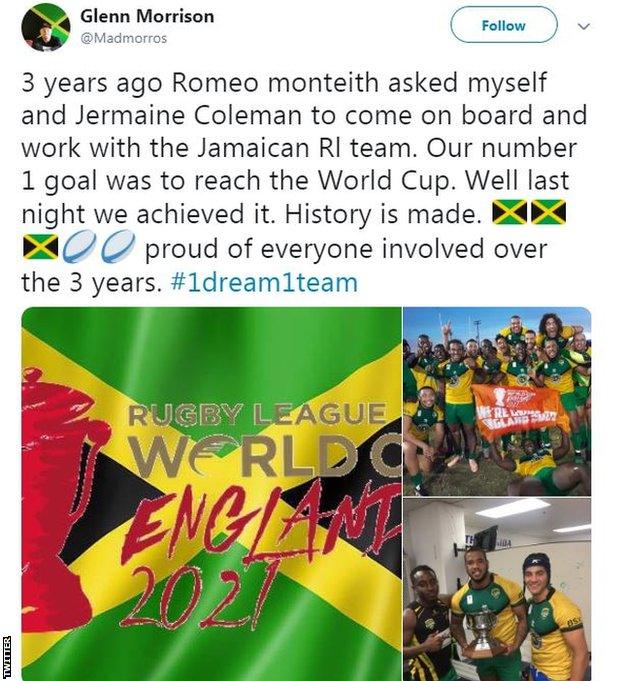 Glenn Morrison tweet about his pride at Jamaica qualifying for the Rugby League World Cup