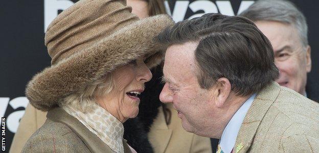 Trainer Nicky Henderson is congratulated on a fifth Champion Chase victory by The Duchess of Cornwall