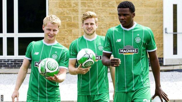 Celtic players Gary Mackay-Steven, Stuart Armstrong and Dedryck Boyata