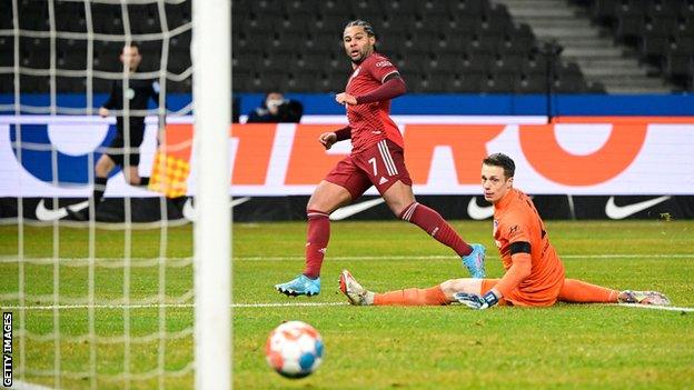 Serge Gnabry scoring against Hertha Berlin