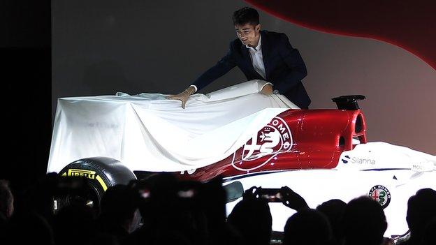 Charles Leclerc unveils the new Alfa Romeo Sauber Formula One Team car