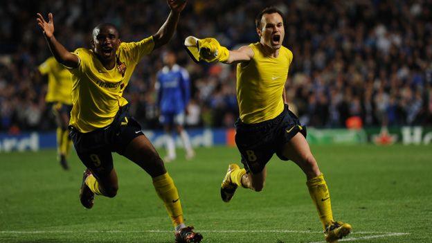 Andres Iniesta celebrates his match winner against Chelsea