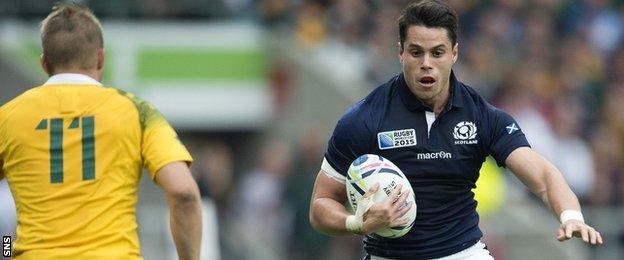 Sean Maitland runs with the ball in Scotland's World Cup quarter-final with Australia