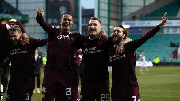 Toby Sibbick, Stephen Humphrys and Jorge Grant during a Scottish Cup Fourth Round match between Hibernian and Heart of Midlothian at Easter Road