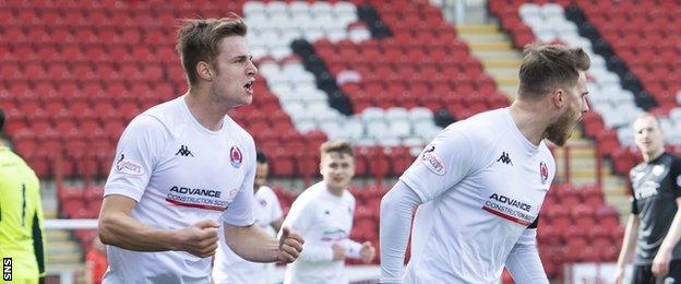 Clyde's Kristoffer Syvertsen and David Goodwillie celebrate