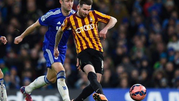 Mark Yeates scoring for Bradford against Chelsea in the FA Cup fourth round in 2015