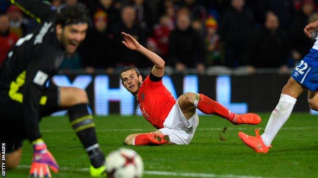 Gareth Bale's late shot beat Serbia keeper Vladimir Stojkovic but came back off the post