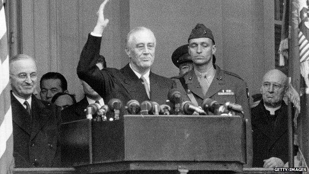 Franklin D Roosevelt at his inauguration for a fourth term as US president in 1945