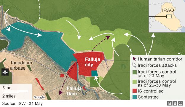 Map showing movement of Iraqi forces towards Falluja (1 June 2016)