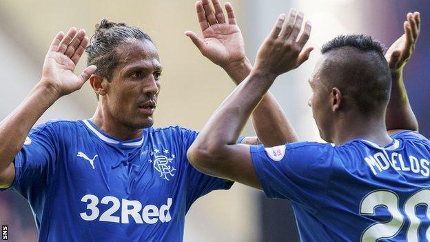 Rangers' Alfredo Morelos (right) celebrates a goal with Bruno Alves