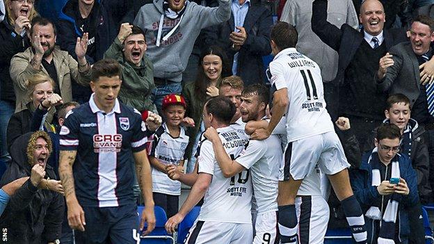 Dundee celebrate Rory Loy's converted penalty kick, which made it 2-0