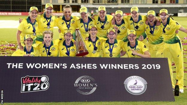 Australia with the Women's Ashes trophy