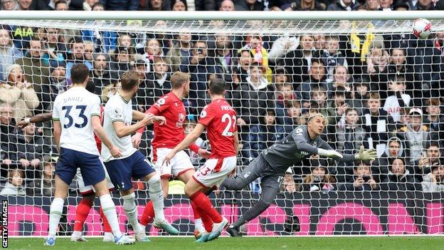 Harry Kane opens the scoring for Tottenham against Nottingham Forest with a trademark header