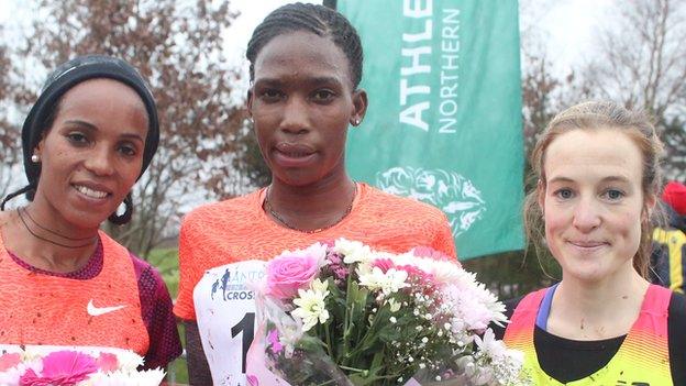 Alice Aprop Nawowuna (centre) finished ahead of Mimi Belete (left) and Fionnuala McCormack